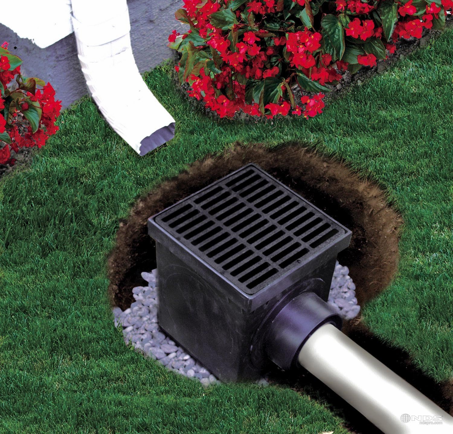 NDS 900BKITRTL1PK Square Catch Basin Drain Kit with 2-Opening Catch Basin Drain, 2 Adapters, 1 Outlet Plug, 1 Plastic Drain Grate, 9-Inch, for Lawns, Landscaped Areas, Black